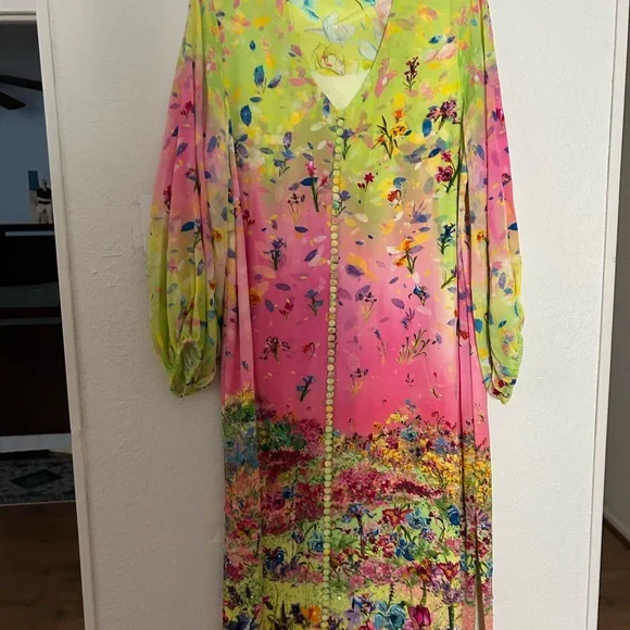 Vibrant Lime & Pink Ombre Maxi Dress,bidet and 100% silk - Picture 2 of 14